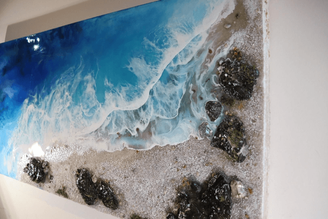 Resin Beach, canvas painting, ocean waves, resin seascape

