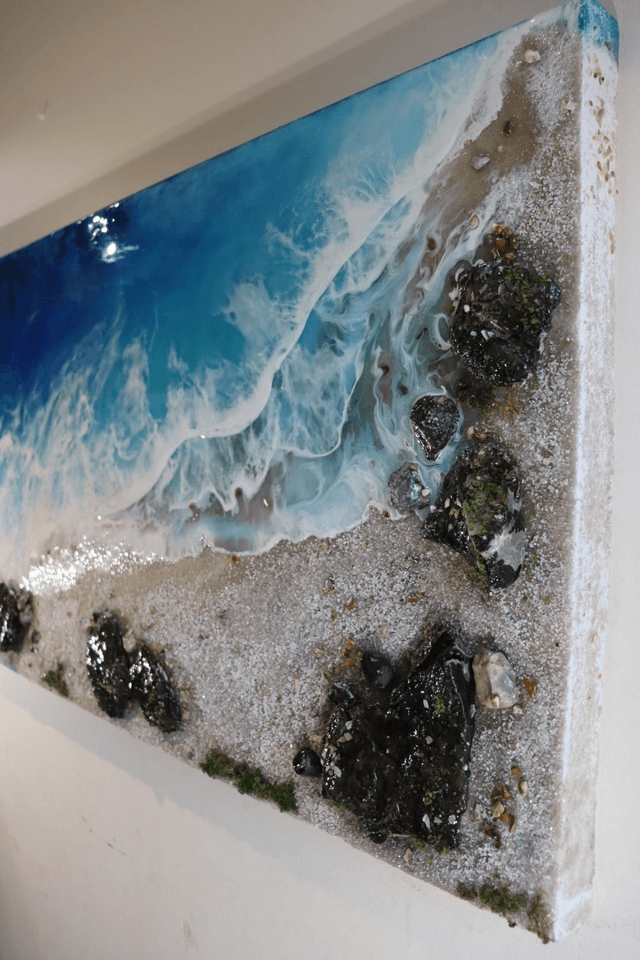 Resin Beach, canvas painting, ocean waves, resin seascape

