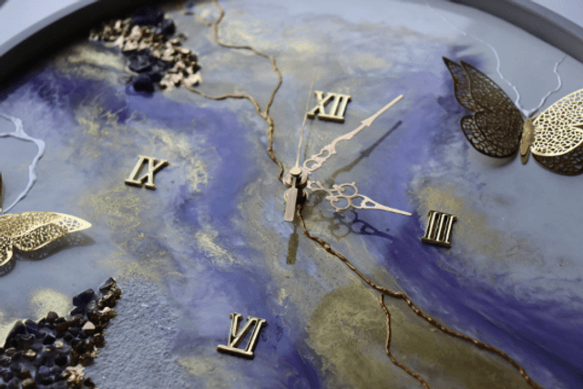 Fluid Art Resin Clock with gold butterflies