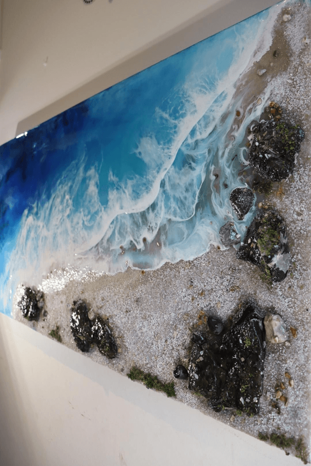 Resin Beach, canvas painting, ocean waves, resin seascape

