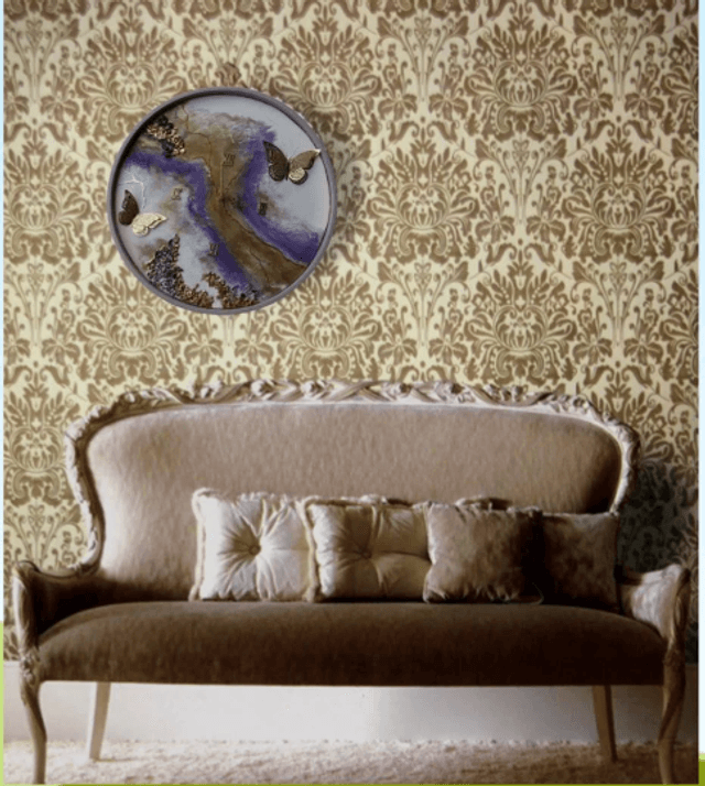 Fluid Art Resin Clock with gold butterflies