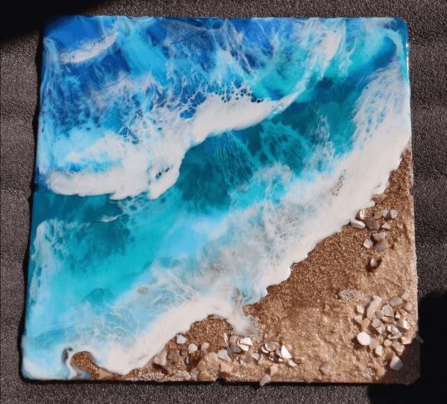 Resin Seascape on wooden panel. Sea beach Ocean painting art 3D resin art. Resin wall