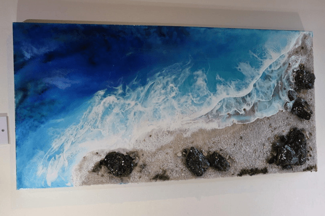 Resin Beach, canvas painting, ocean waves, resin seascape

