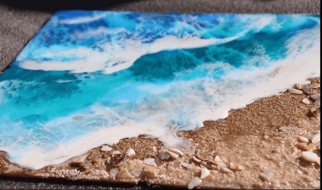 Resin Seascape on wooden panel. Sea beach Ocean painting art 3D resin art. Resin wall