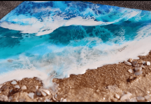 Resin Seascape on wooden panel. Sea beach Ocean painting art 3D resin art. Resin wall