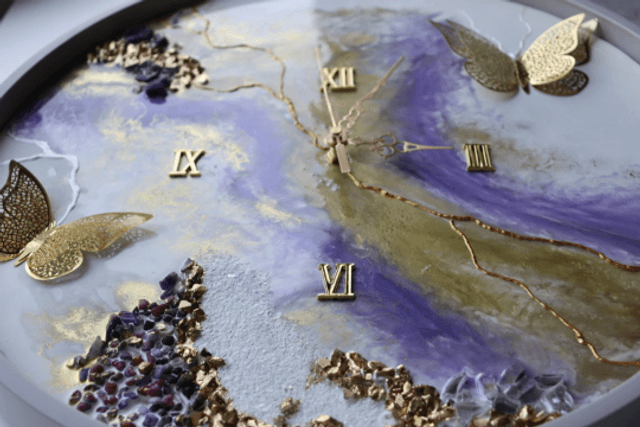 Fluid Art Resin Clock with gold butterflies