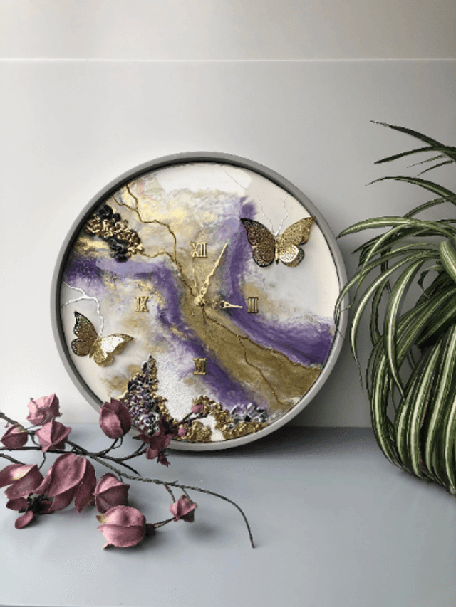 Fluid Art Resin Clock with gold butterflies