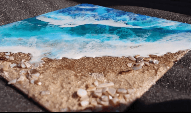 Resin Seascape on wooden panel. Sea beach Ocean painting art 3D resin art. Resin wall